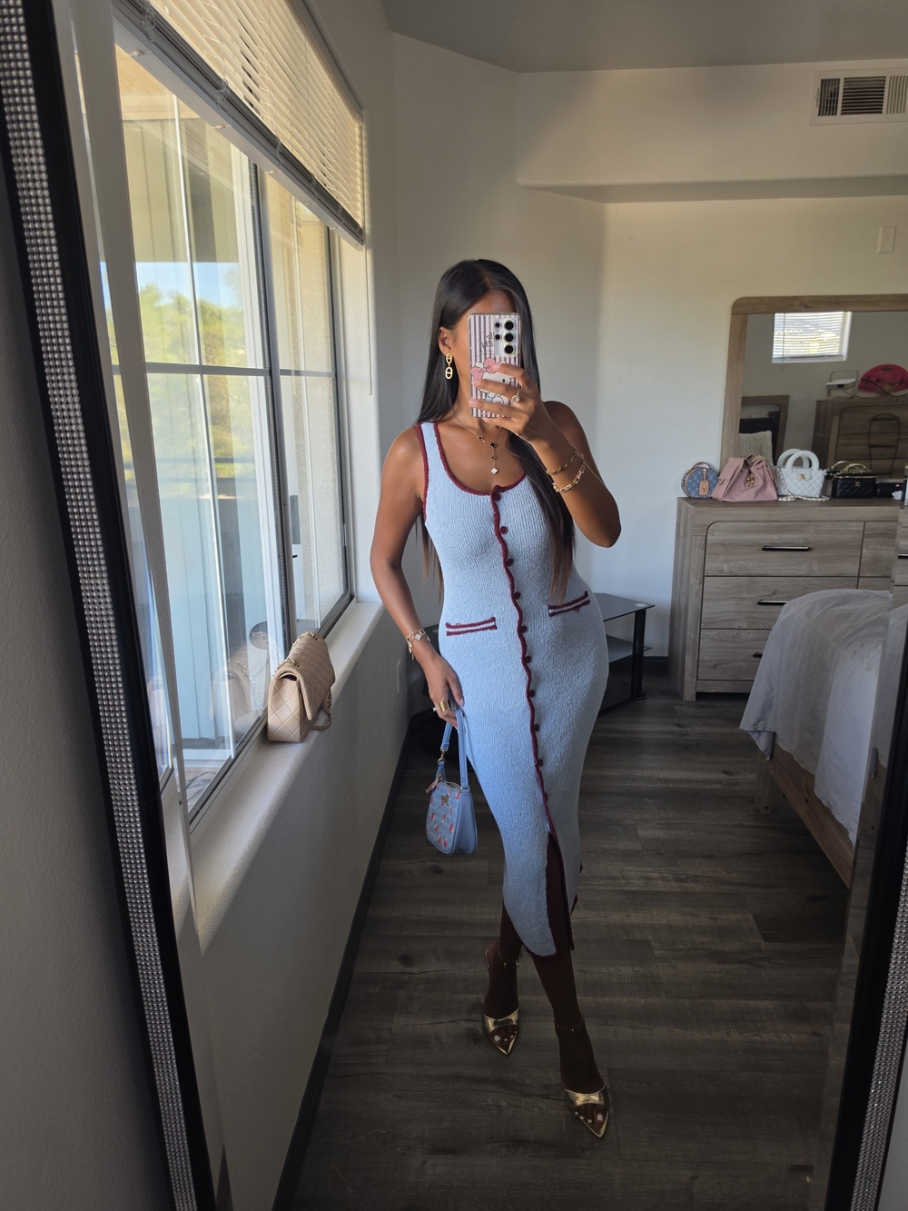 Light Blue Knit Midi Dress with Burgundy Trim Stretchy - Picture 5 of 17